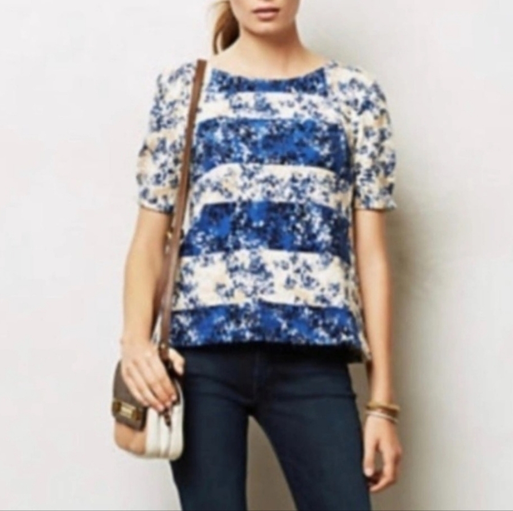 Anthropologie Postmark Blue Cream Floral Top Textured
